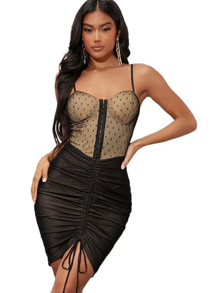 

ruched drawstring dobby sheer mesh dress g84z#, Black;gray