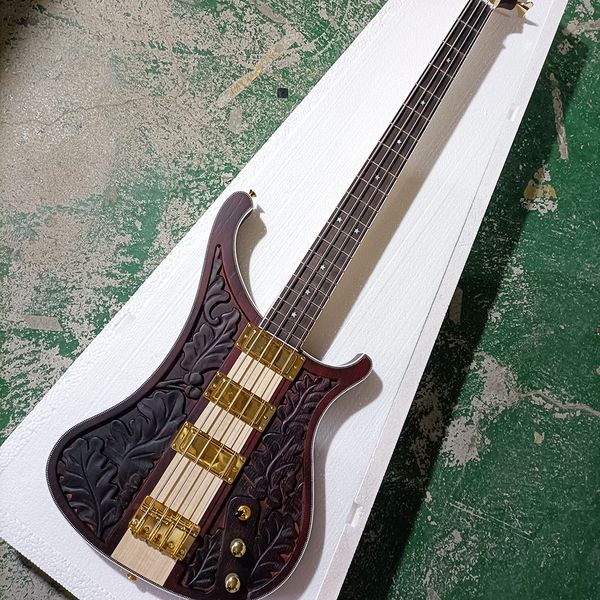 

4 strings red brown neck-thru-body electric bass guitar with nc engraving pattern rosewood fretboard