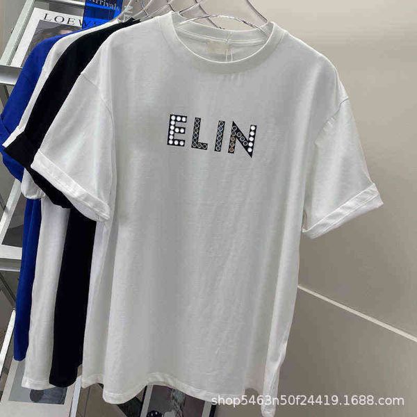 

75% off factory direct online 2022 summer ce mirror diamond button letter print round neck short sleeve t-shirt casual fashion versatile wom, White