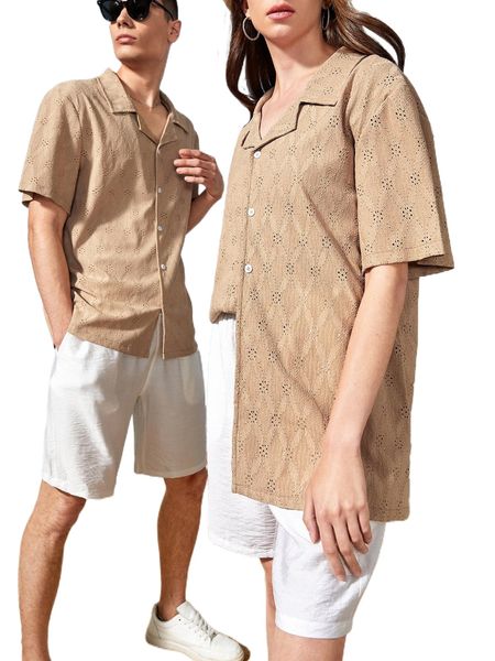 

1pc eyelet detail button up shirt 50mv#, White;black