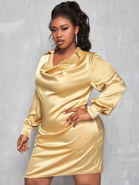 

sxy plus draped collar satin dress d7hh#, Black