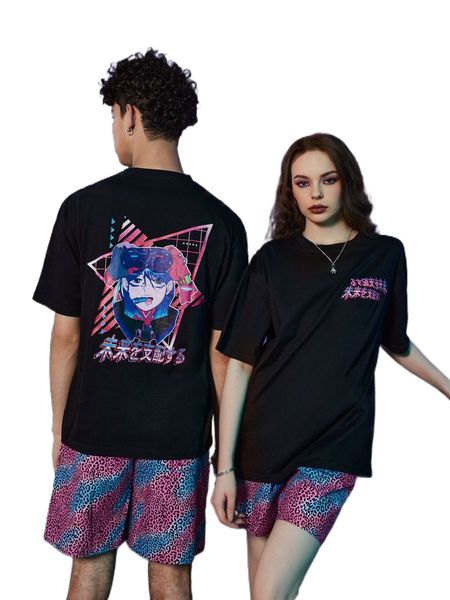 

romwe 1pc cartoon figure graphic tee 75wv#, White;black