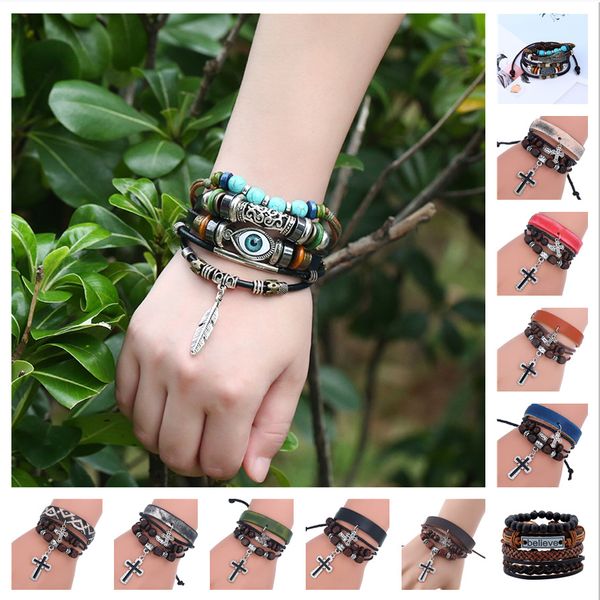 Retro Retro Multilayer Leather Suriled Bracelet Pingente Metal Pingente Breads Bracelets Mulher Homem Mulheres Vintage Punk Wrap Frend Gift