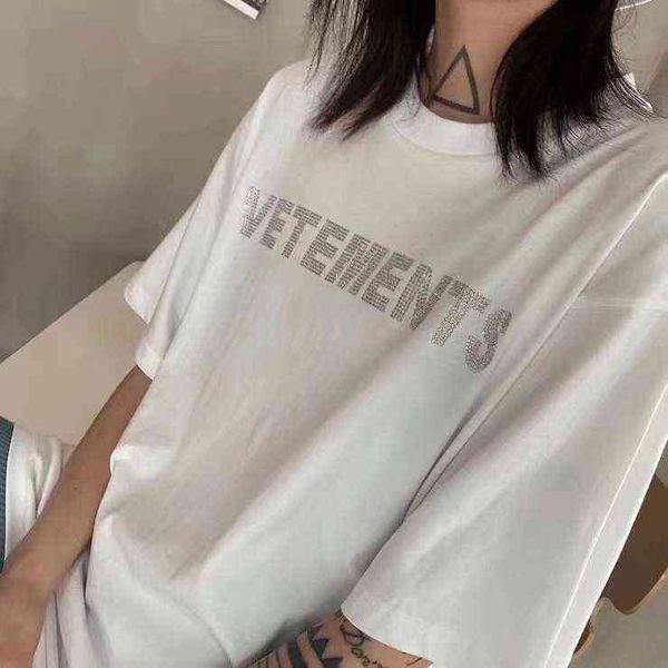

vetements fashion designer summer brand weitemeng styles rhinestone diamond loose men's and women's short sleeve t-shirt, White;black