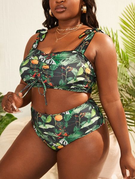 

plus plant print knot shoulder bikini swimsuit w99a#, White;black