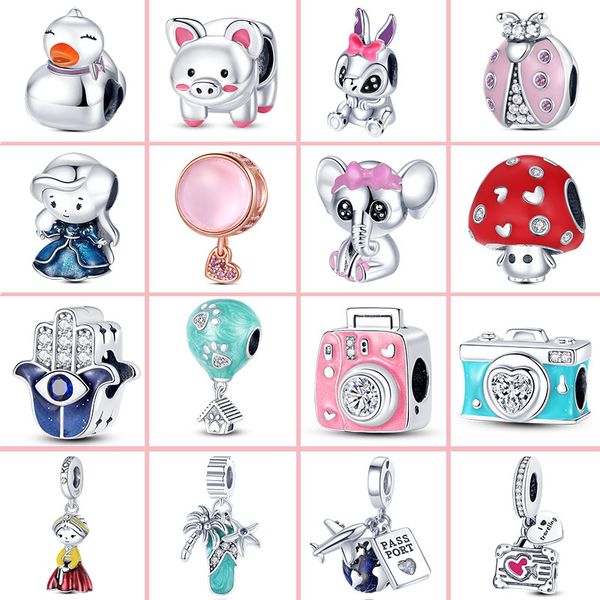 925 Prata Fit Pandora Charme 925 Pulseira Pingente Pato Coelho Cogumelo Tartaruga conjunto de pingentes Pingente DIY Contas Finas Jóias