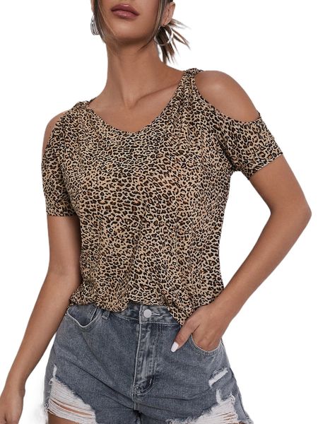 

leopard print cold shoulder tee x5o7#, White