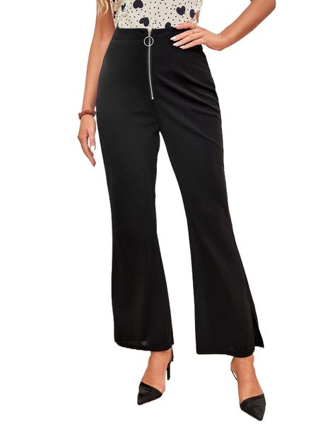 

high waist zipper front flare leg pants w3oh#, Black;white