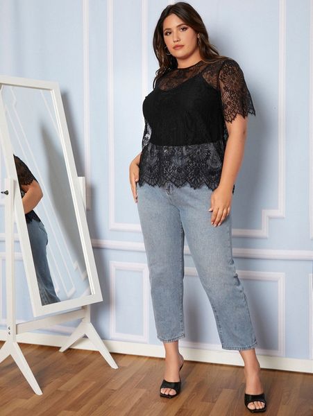

plus floral lace blouse without cami 43fv#, Black