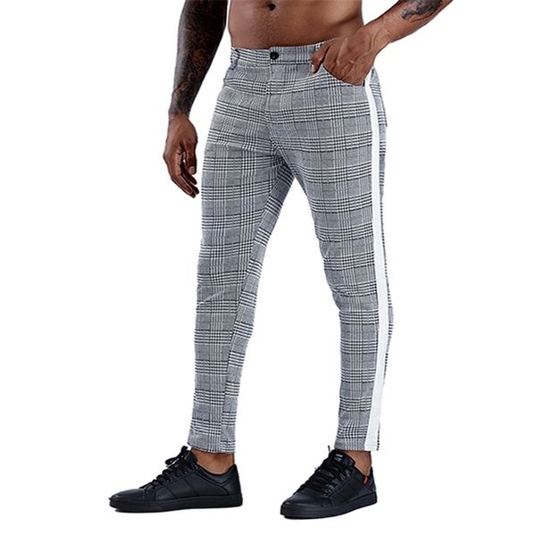 

casual mens chinos cotton slim fit men pants trousers skinny chinos pants grey ankle length streetwear plaid side stripe pants 201126, Black