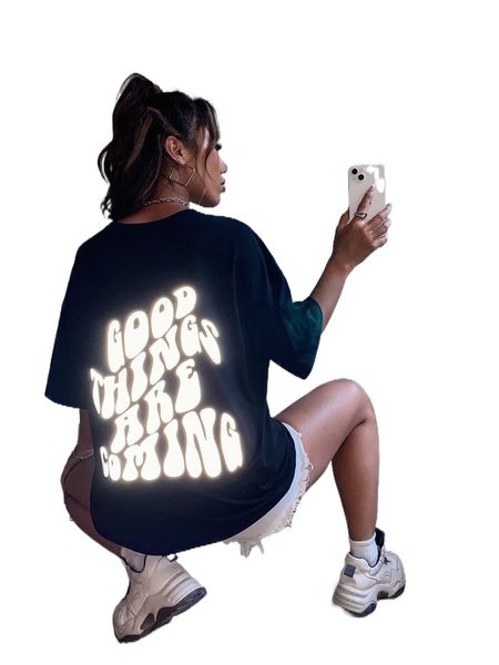 

reflective slogan graphic drop shoulder tee j40g#, White