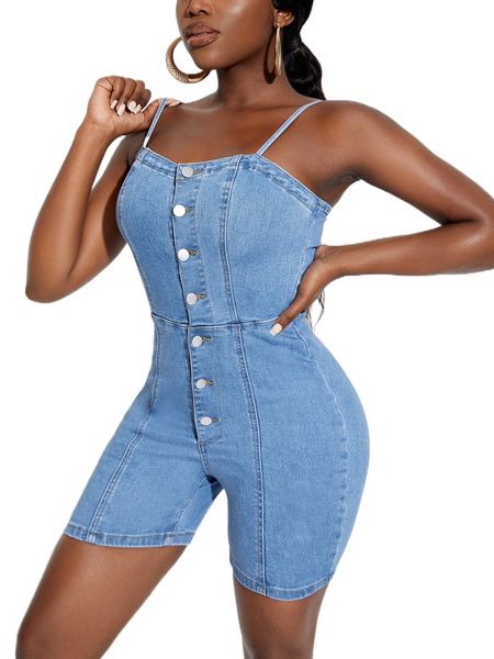 

sxy button front form fitted denim romper z11w#, Black;white