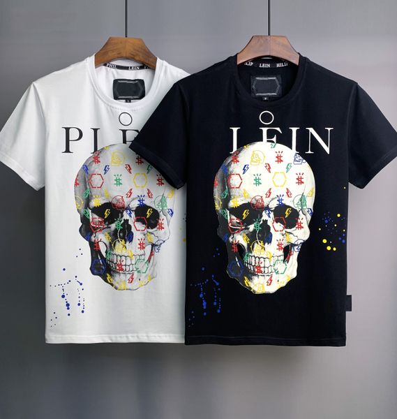 Camiseta masculina Philip Plein de algodão de alta qualidade com caveira de designer e estampa de diamante Phillip Plein manga curta O-pescoço marrom B 4977