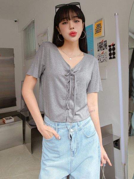 

dazy lace-up front lettuce trim tee 82yi#, White