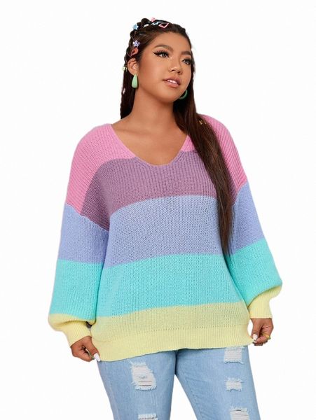 

plus colorblock drop shoulder sweater 42ku#, Black