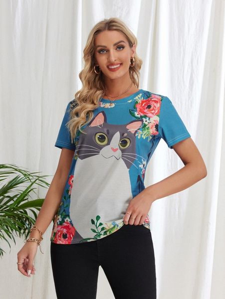 

emery rose cat & floral print tee u9rs#, White
