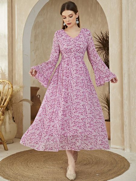 

ditsy floral flounce sleeve a-line dress s7x1#, Black;gray