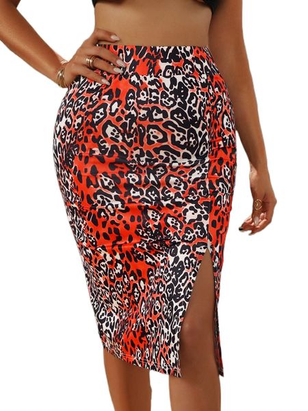 

high waist leopard print slit skirt f3ow#, Black