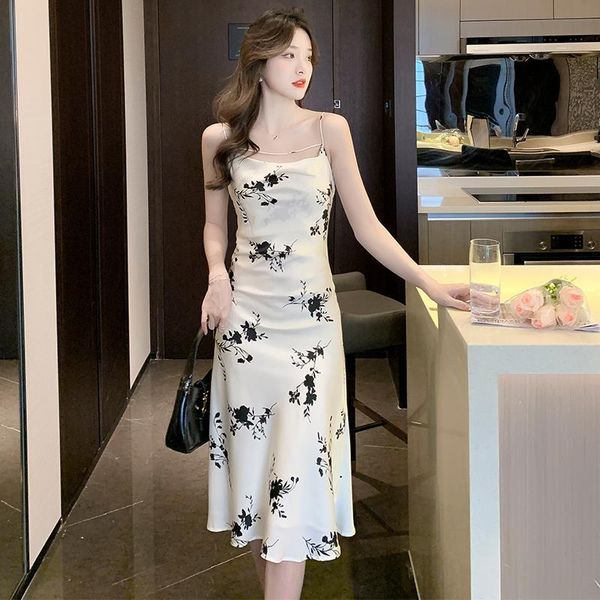 

casual dresses h han queen 2022 summer vintage printed spaghetti straps vestidos simple chic mermaid dress women party sexy, Black;gray