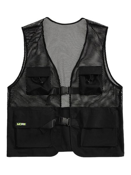 

men letter patched flap pocket contrast fishnet buckled front vest jacket s2v6#, Black;brown