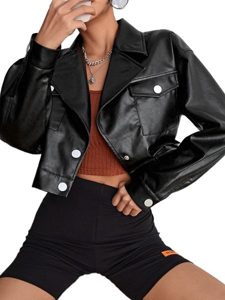 

drop shoulder flap pocket pu leather jacket p2zt#, Black;brown