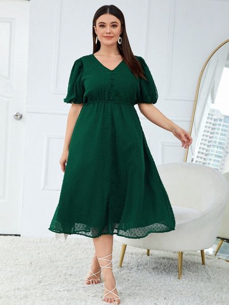 

plus swiss dot lantern sleeve fake button dress z2s2#, Black