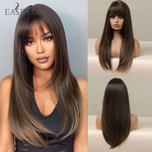 

lx brand brown ombre synthetic wigs with bangs long wavy layered natural hair wigs for women brown daily wig heat resistantfactory direct, Black