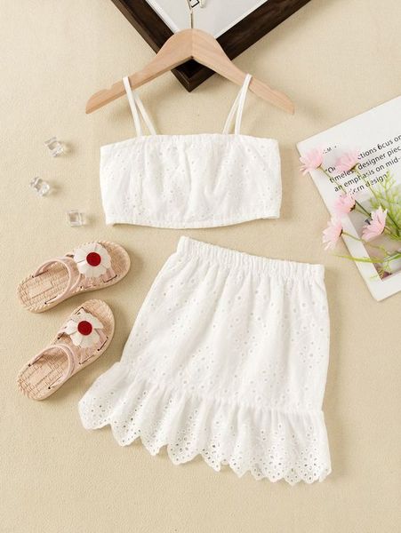 

toddler girls eyelet embroidery crop cami & ruffle hem skirt she, White