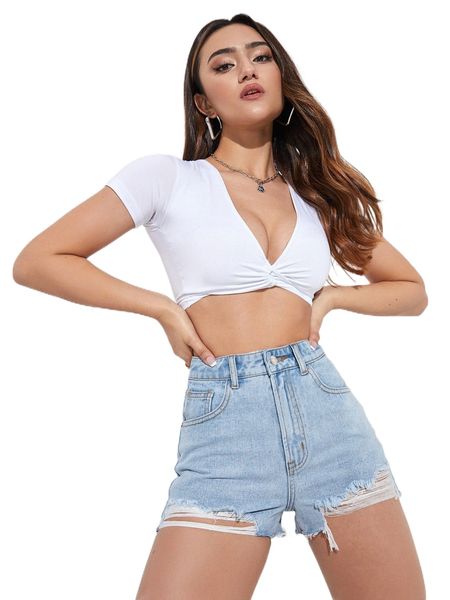 

high waist ripped raw trim denim shorts d7ht#, White;black