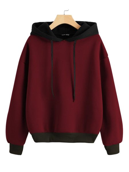 

drop shoulder colorblock thermal hoodie 32p0#, Black