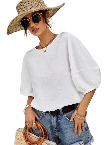 

floral pattern keyhole back bishop sleeve blouse j4rk#, White