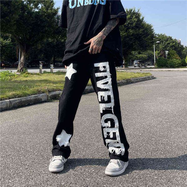 

letter patch design baggy jeans men hip-hop stars pattern embroidery straight denim trousers male black tassel ripped pants 2022 t220803, Blue