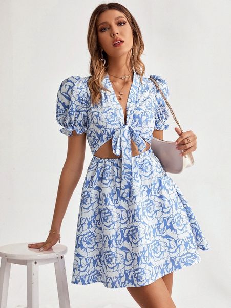 

floral print knot front puff sleeve cut out dress 02se#, Black;gray