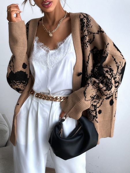 

graphic pattern drop shoulder cardigan n506#, White;black
