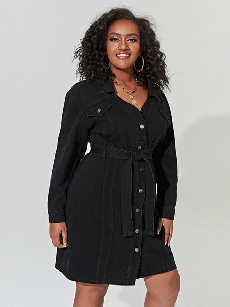 

plus button front flap pocket belted denim dress v4c6#, Black