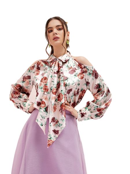 

tie neck cold shoulder floral print blouse u1ea#, White