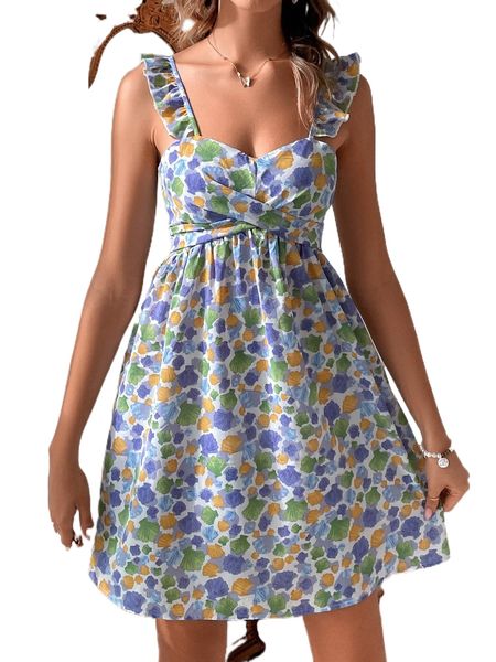 

allover print ruffle trim tie back cami dress y9nd#, Black;gray
