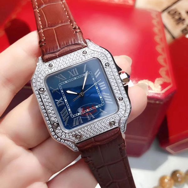 

35mm mens quartz watch diamonds black blue leather strap sapphire crystal waterproof male wristwatch, Slivery;brown
