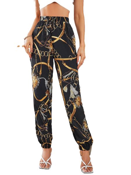 

chain print knot front shirred waist pants q82x#, Black;white