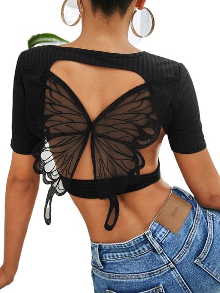 

butterfly applique back crop tee p188#, White