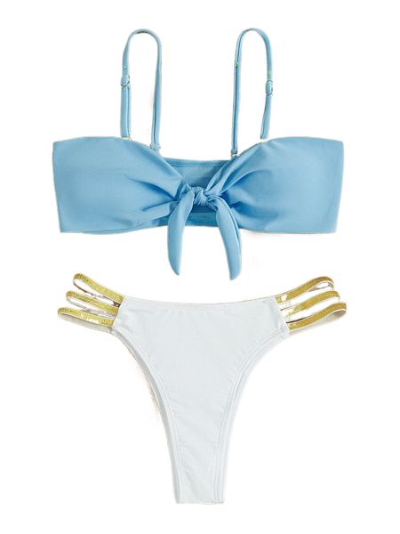 

color block knot cut-out bikini swimsuit x9bi#, White;black