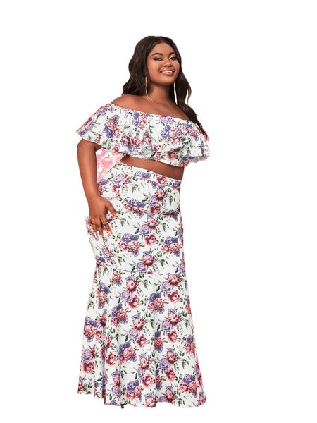 

x agata plus floral print off shoulder crop & mermaid hem skirt y3xm#, Black