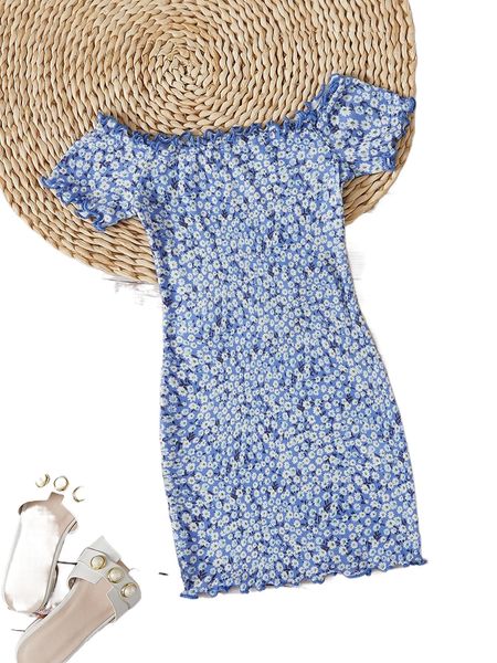 

plus ditsy floral lettuce trim off shoulder dress l2iz#, Black