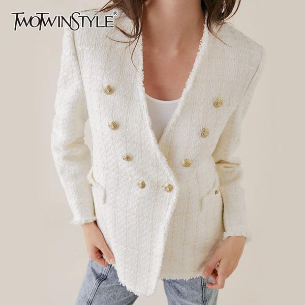 

patchwork button casual blazer for women v neck long sleeve white female fashion clothing 210423, White;black