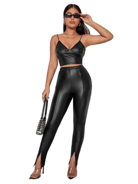 

split hem elastic waist pu pants p4sn#, Black;white