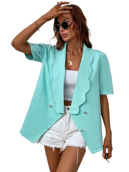 

scallop trim puff sleeve blouse f3p1#, White