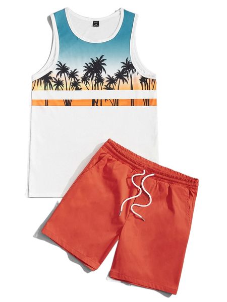 

men coconut tree print tank & drawstring waist shorts c4sw#, Gray