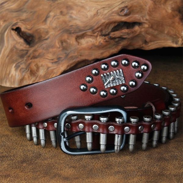 

cetiri punk bullet rivet belt men's grain real leather belt pin buckle belt for jeans female personality cool gift t200327, Black;brown
