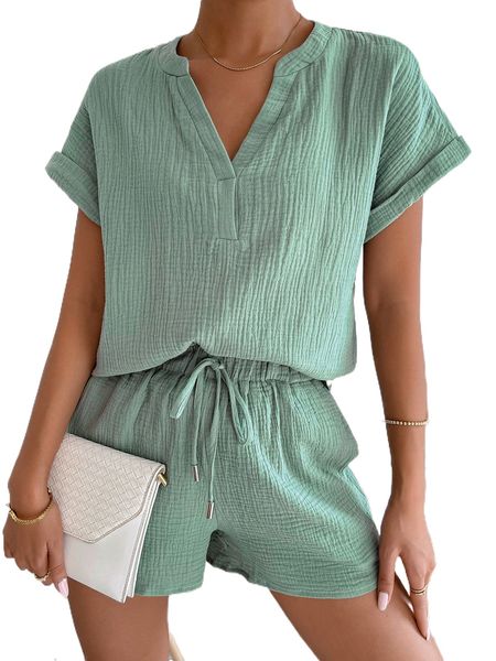 

notch neck batwing sleeve textured blouse & tie waist shorts s6i8#, White