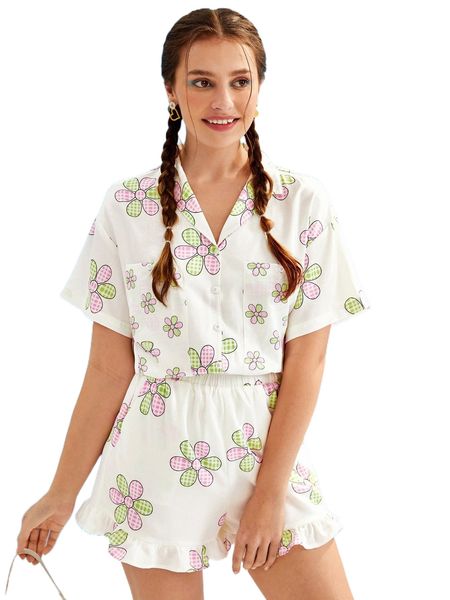 

x pylog floral print dual pocket blouse & ruffle trim shorts h8bm#, White